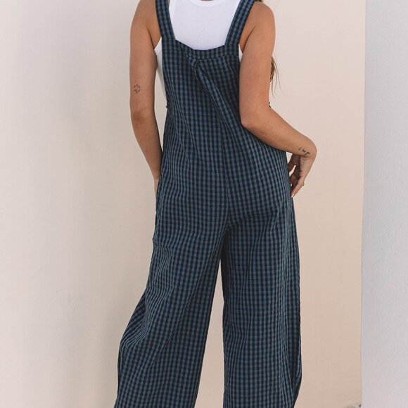 B243 Sail Blue Plaid Print Buttoned Pocketed High Waist Overall - Picture 7 of 16